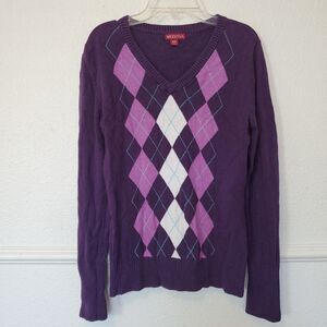 Women's Merona Purple Argyle V Neck Sweater Size Medium Preppy Long Sleeves